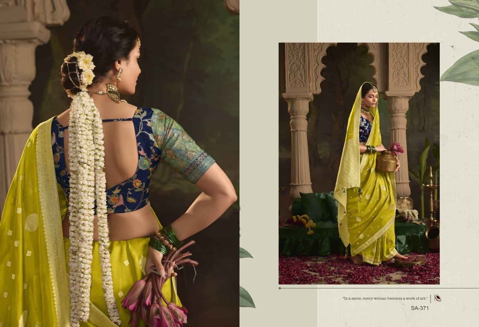 Lime Green & Gold Crepe Dola Silk Saree