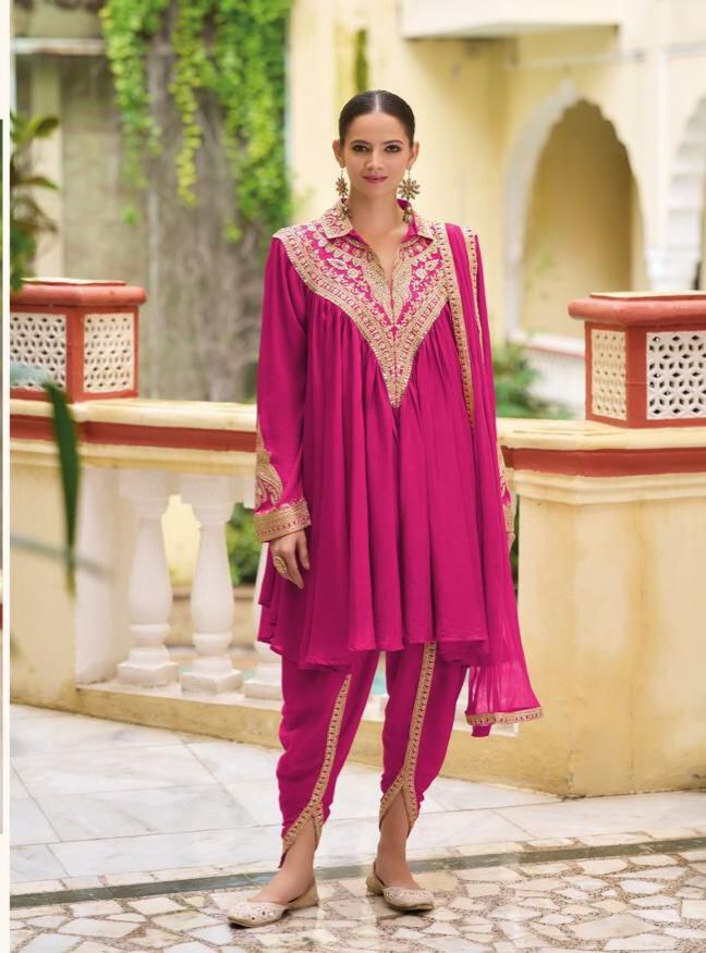 Elegant Magenta Chinon Silk Embroidered Suit with Dupatta