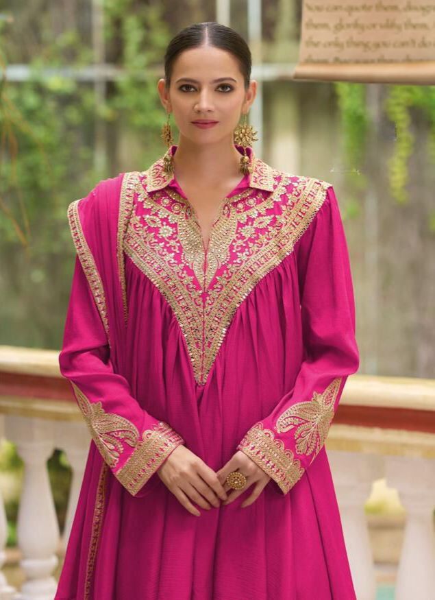 Elegant Magenta Chinon Silk Embroidered Suit with Dupatta