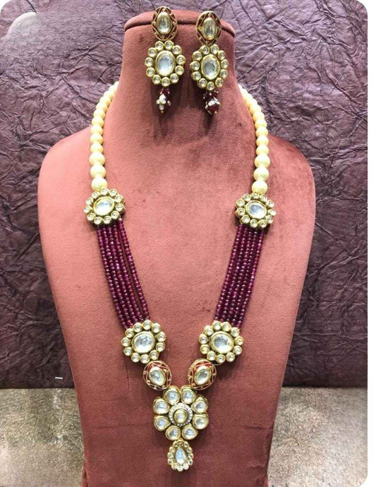 Regal Maroon & Pearl Kundan Necklace Set