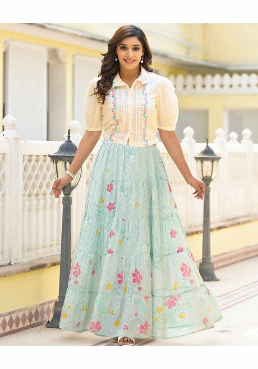 Elegant Pastel Green Floral Cotton Skirt & Embroidered Crop Top Set