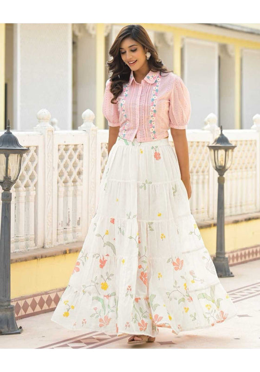 Elegant White Floral Cotton Skirt & Pink Embroidered Crop Top Set