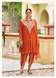 Elegant Orange Chinon Silk Embroidered Suit with Dupatta