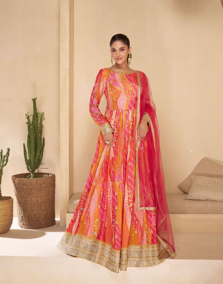 Vibrant Pink and Orange Anarkali Gown with Golden Embellishments