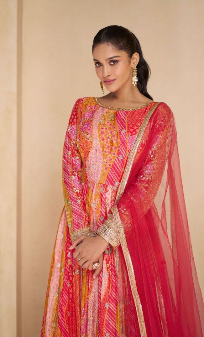 Vibrant Pink and Orange Anarkali Gown with Golden Embellishments