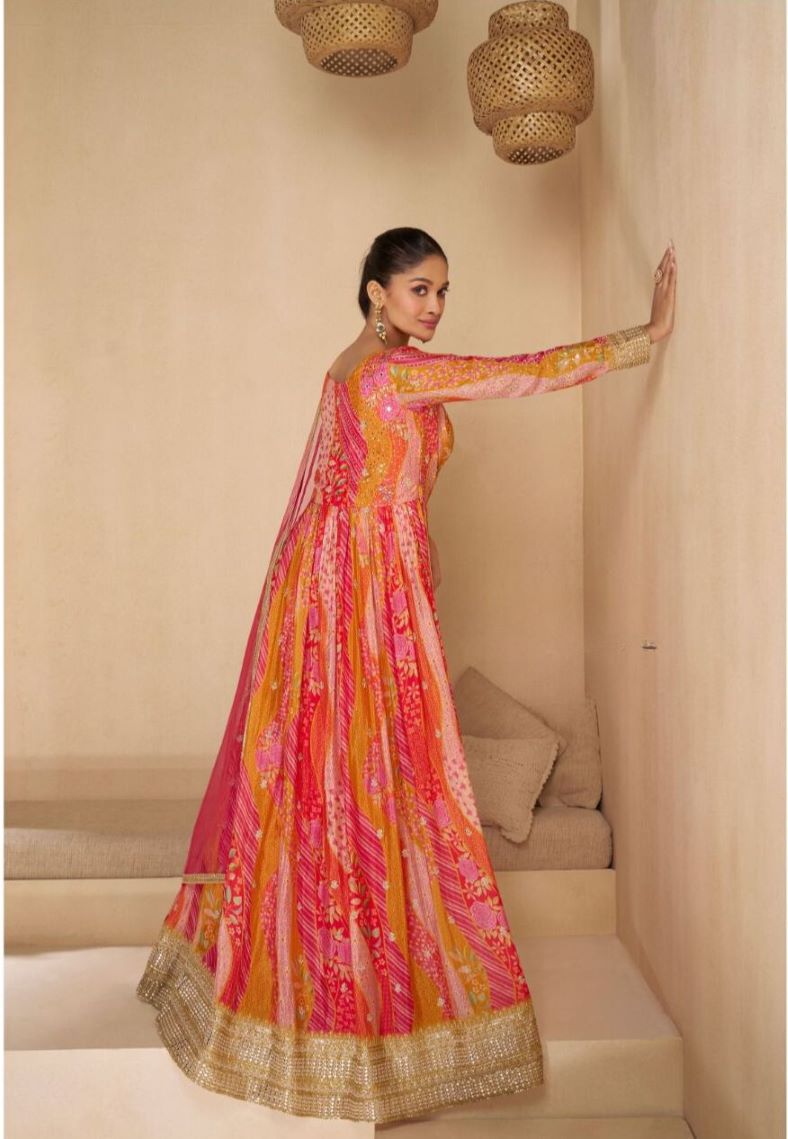 Vibrant Pink and Orange Anarkali Gown with Golden Embellishments