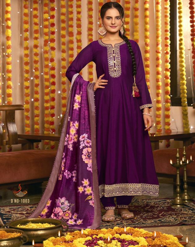 Royal Purple Vichitra Silk Salwar Suit with Floral Digital Print Dupatta