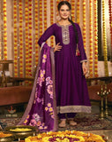 Royal Purple Vichitra Silk Salwar Suit with Floral Digital Print Dupatta