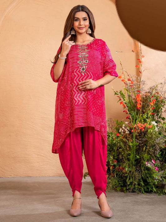 Red Kaftan with Tulip Pants in Pure Dola Silk with Mirror Embroidery