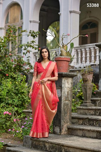 Radiant Coral Red & Gold Kalyani Silk Saree