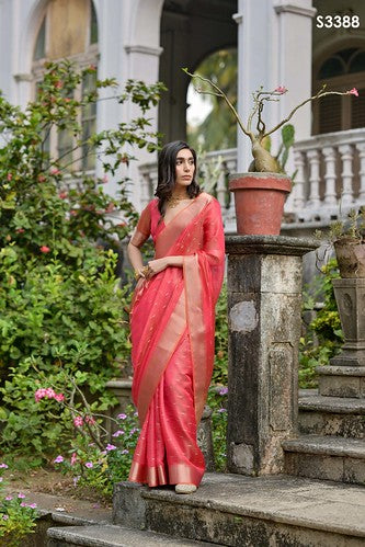 Radiant Coral Red & Gold Kalyani Silk Saree