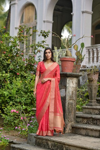 Radiant Coral Red & Gold Kalyani Silk Saree