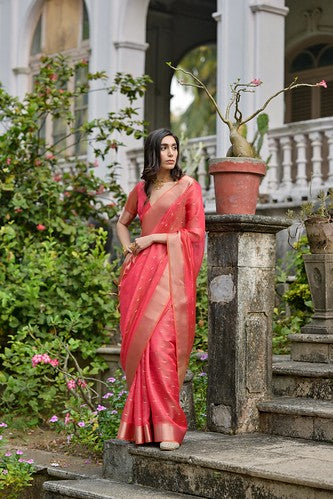 Radiant Coral Red & Gold Kalyani Silk Saree