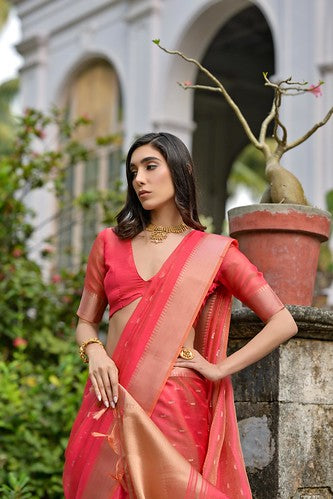 Radiant Coral Red & Gold Kalyani Silk Saree