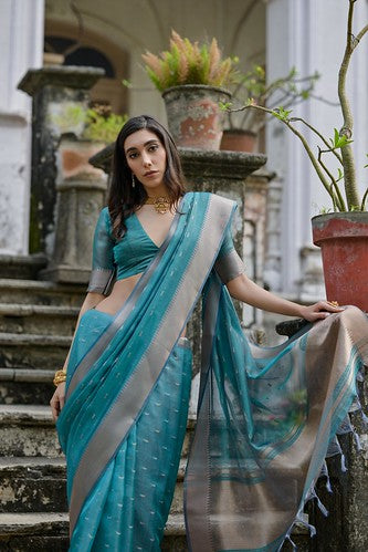 Elegant Teal Blue & Silver Kalyani Silk Saree