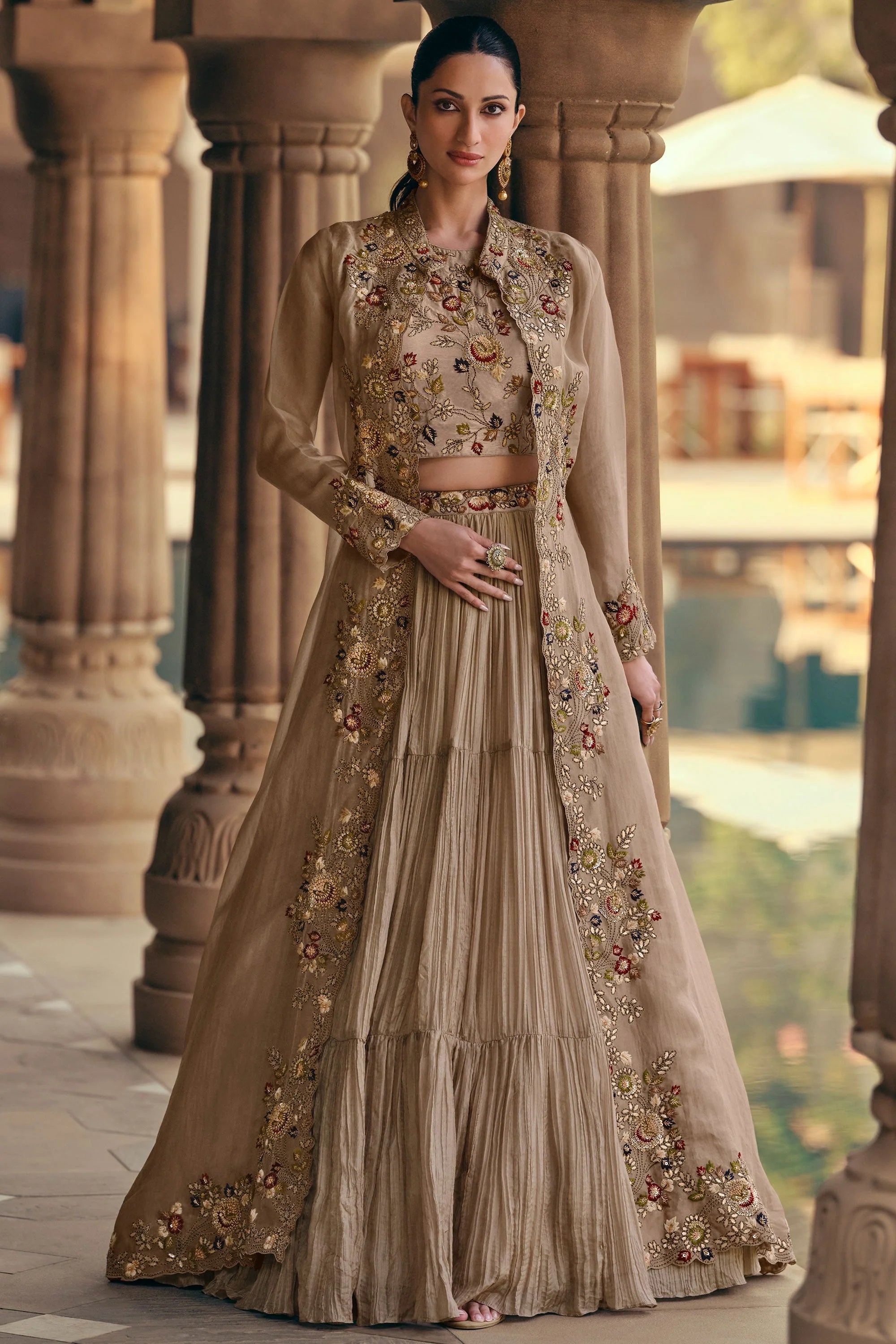 Timeless Beige Chinnon & Georgette Indo-Western Ensemble with Exquisite Embroidery