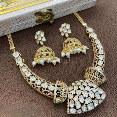 Elegant Gold-Plated Kundan Necklace Set with Pearl Jhumka Earrings – Traditional Jewelry