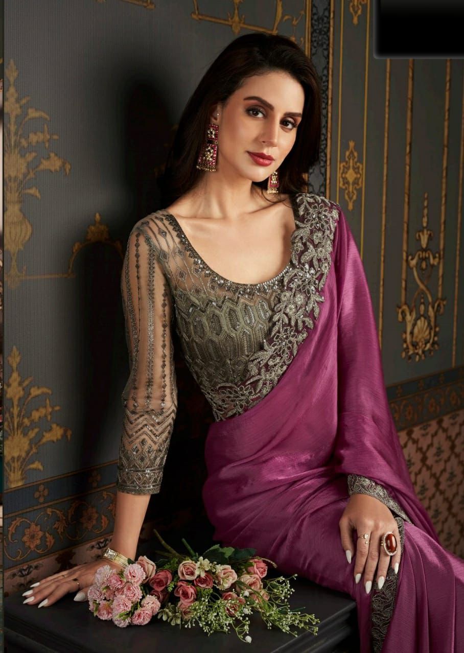 Elegant Plum Soft Glass Silk Saree with Embellished Blouse