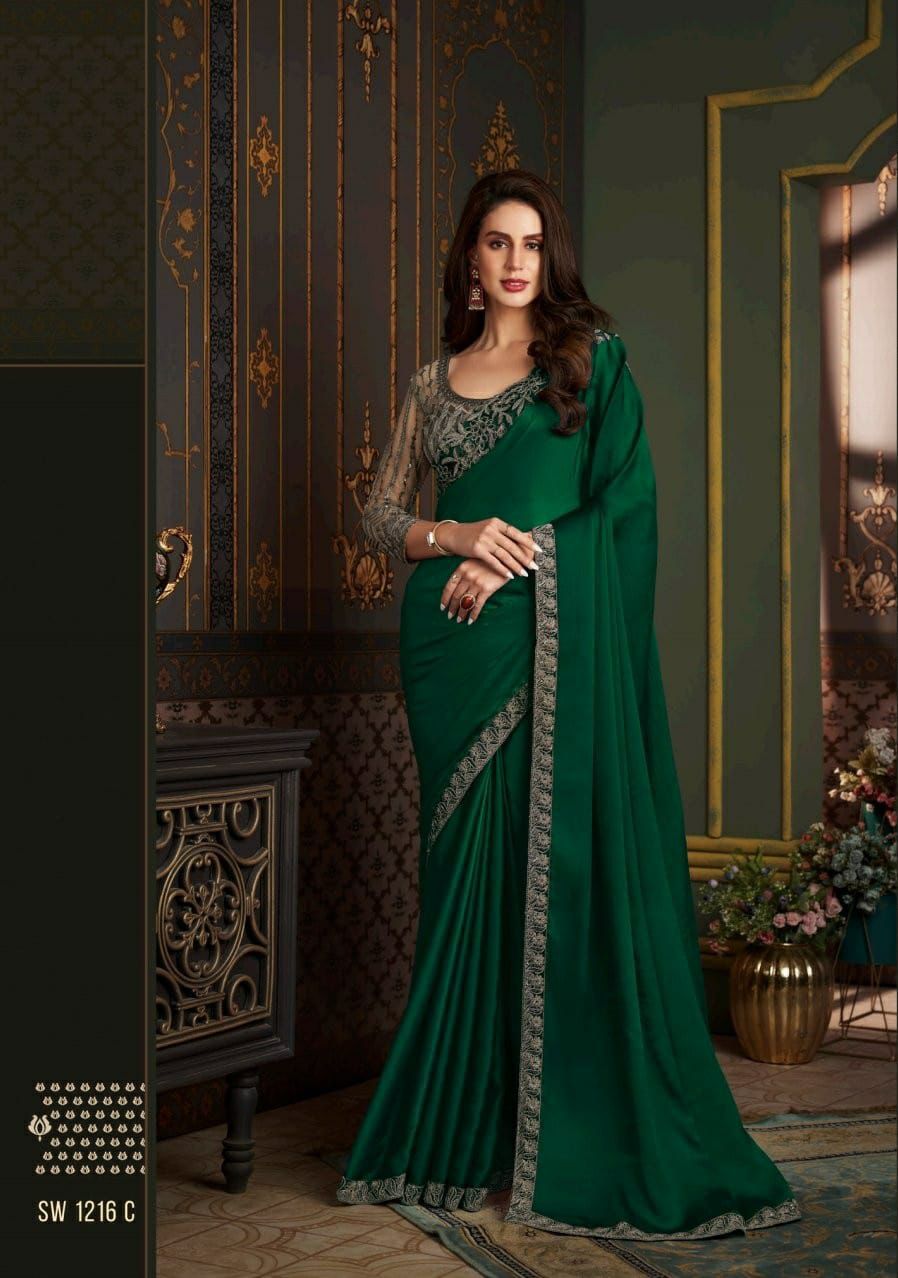 Graceful Emerald Green Soft Glass Silk Saree with Embroidered Blouse