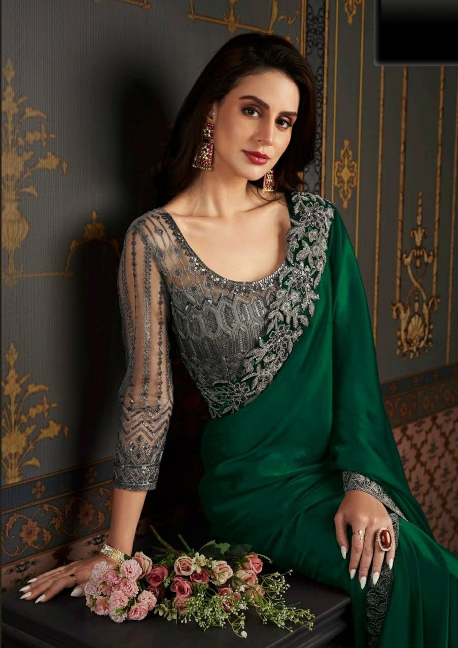 Graceful Emerald Green Soft Glass Silk Saree with Embroidered Blouse