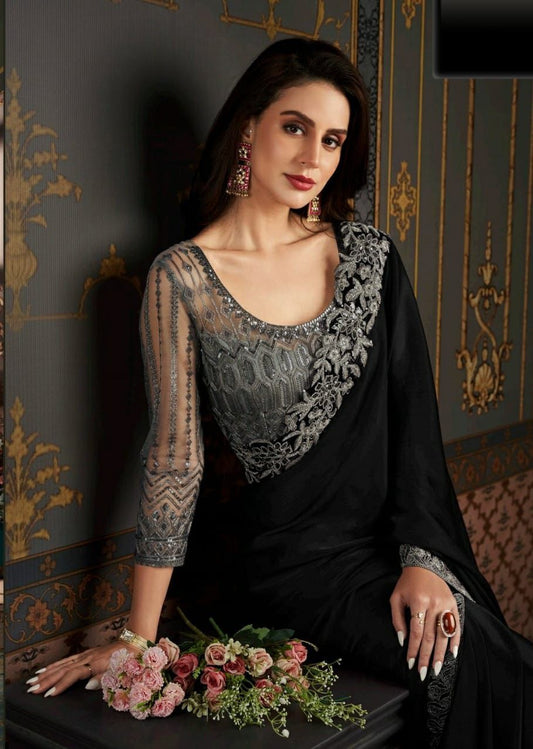 Enchanting Black Soft Glass Silk Saree with Embroidered Blouse