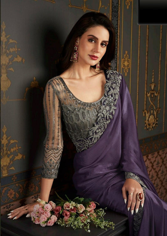 Graceful Purple Soft Glass Silk Saree with Embroidered Blouse