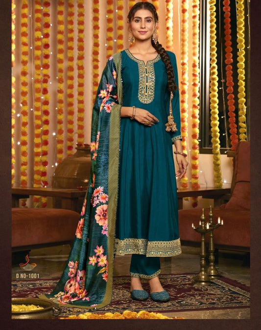 Stunning Teal Vichitra Silk Salwar Suit with Floral Digital Print Dupatta