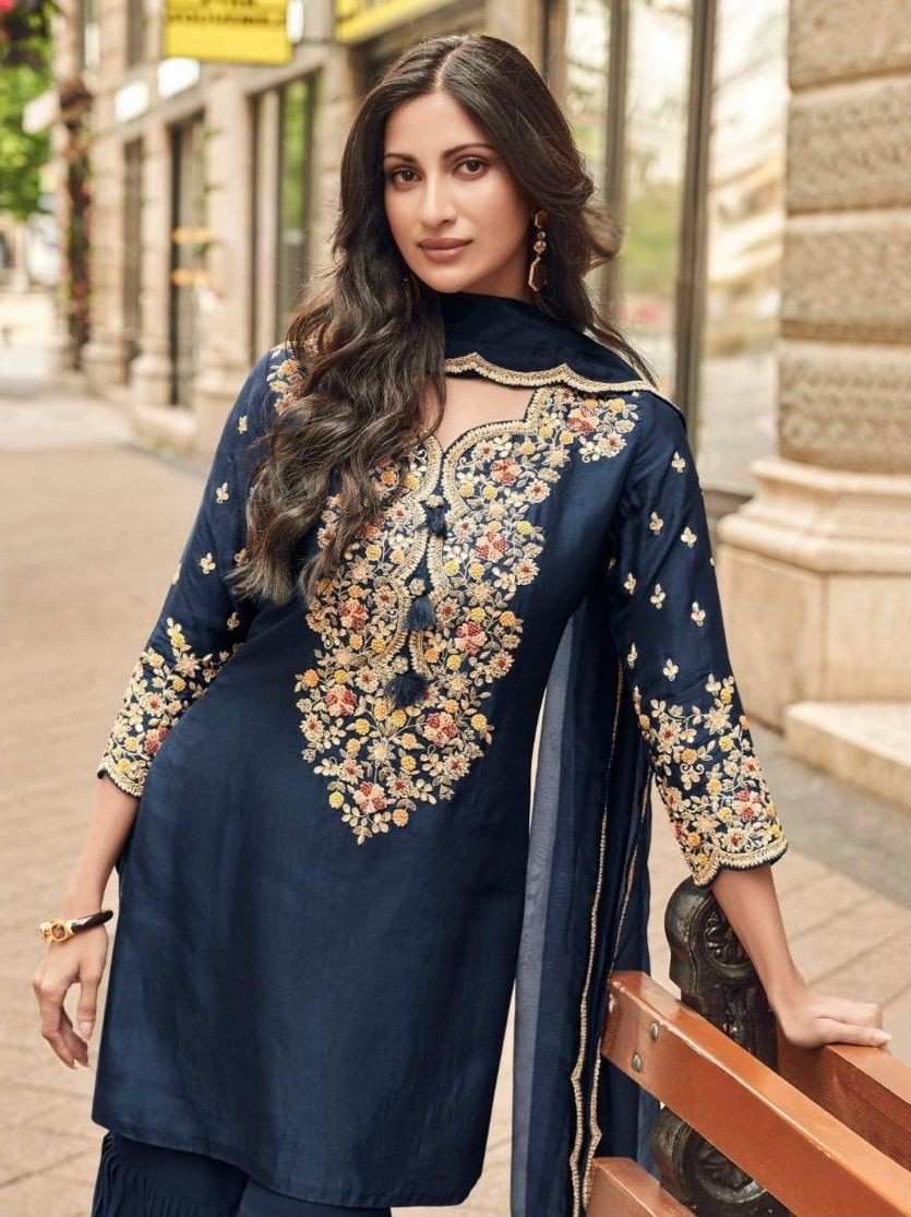 Navy Blue Embroidered Chinnon Shirt with Georgette Gharara & Organza Dupatta