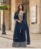 Navy Blue Embroidered Chinnon Shirt with Georgette Gharara & Organza Dupatta