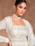 Elegant Ivory Georgette & Chinnon Chikankari Embroidered Long Dress with Dupatta