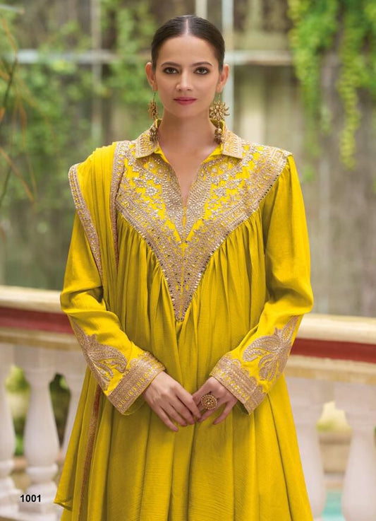 Vibrant Yellow Chinon Silk Embroidered Suit with Dupatta