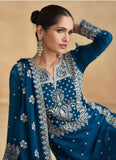 Stunning Teal Blue Embroidered Chinon Ready-Made Suit with Dupatta