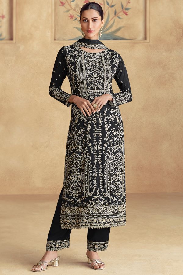 Elegant Black Embroidered Chinon Ready-Made Suit with Dupatta