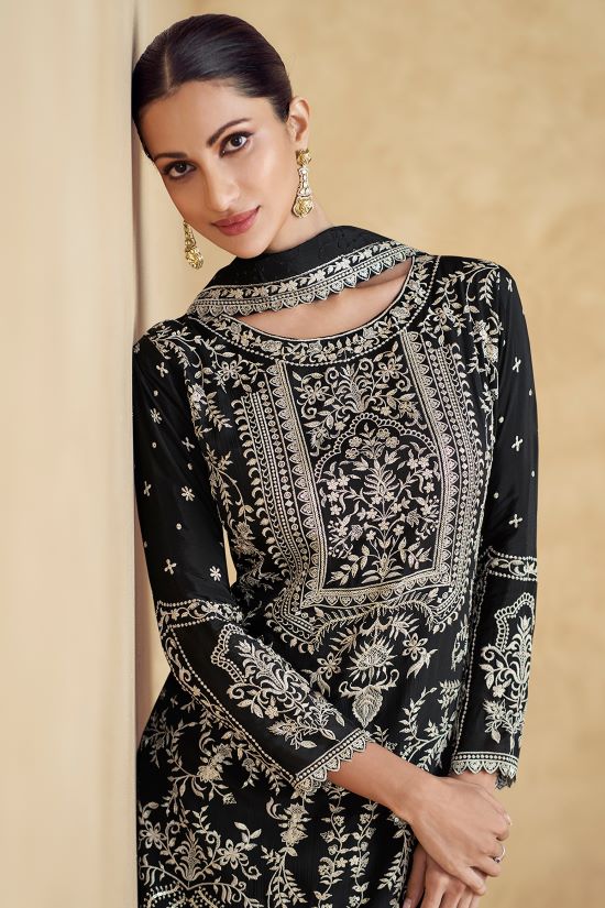 Elegant Black Embroidered Chinon Ready-Made Suit with Dupatta