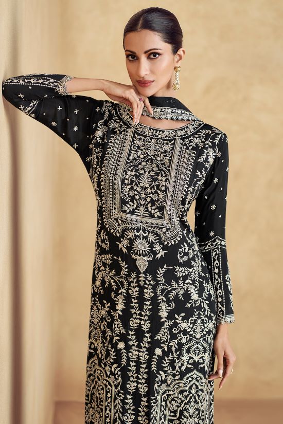 Elegant Black Embroidered Chinon Ready-Made Suit with Dupatta