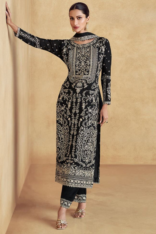 Elegant Black Embroidered Chinon Ready-Made Suit with Dupatta