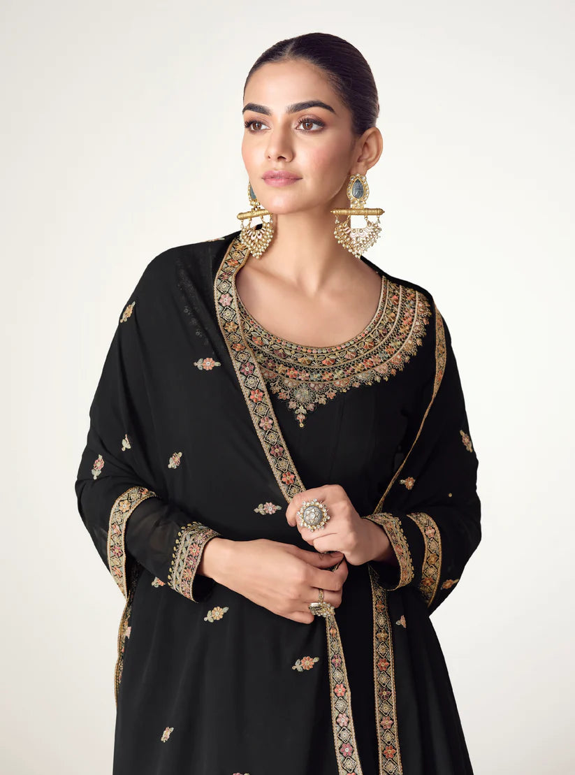 Timeless Black Georgette Embroidered Long Dress with Dupatta – Size 42+2