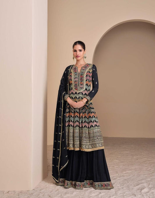 Black Embroidered Georgette Ensemble with Dupatta