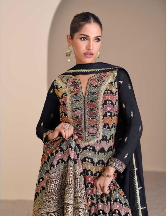 Black Embroidered Georgette Ensemble with Dupatta