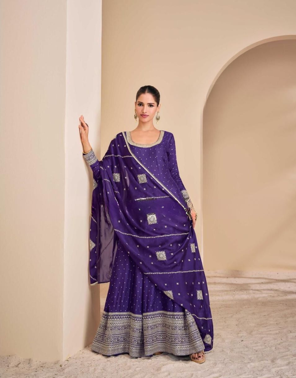 Blue Viscose Jacquard Silk Embroidered Long Dress with Dupatta