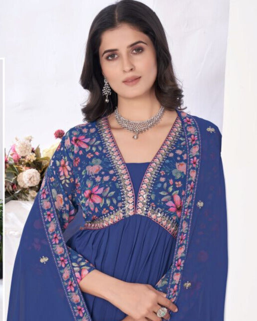 Elegant Royal Blue Georgette Embroidered Suit