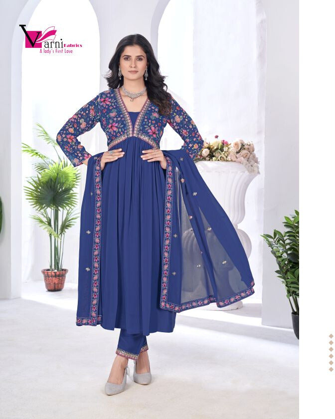 Elegant Royal Blue Georgette Embroidered Suit