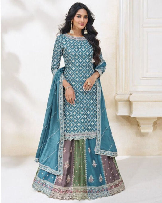 Stunning Chinnon Silk Embroidered Suit with Skirt and Dupatta – Size 42+2