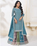 Stunning Chinnon Silk Embroidered Suit with Skirt and Dupatta – Size 42+2