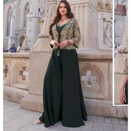 Elegant Bottle Green Indo-Western Outfit with Embroidered Jacket – Silk & Georgette