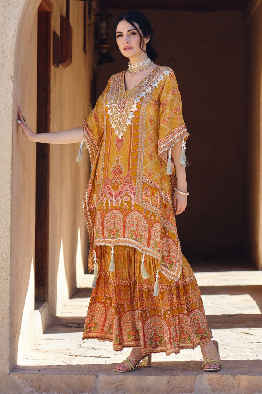 Royal Mustard Handcrafted Georgette Kaftan Set