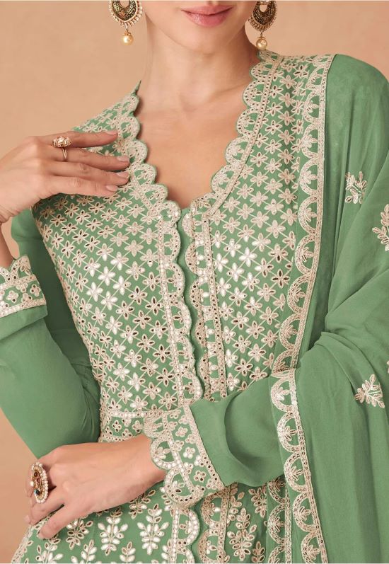 Elegant Green Georgette Embroidered Long Shirt with Skirt & Dupatta