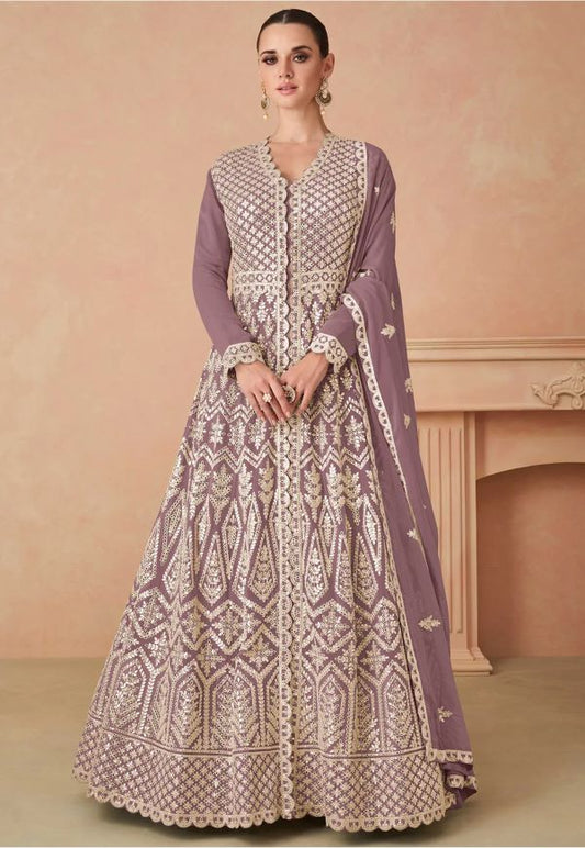 Elegant Lavender Georgette Embroidered Long Shirt with Skirt & Dupatta