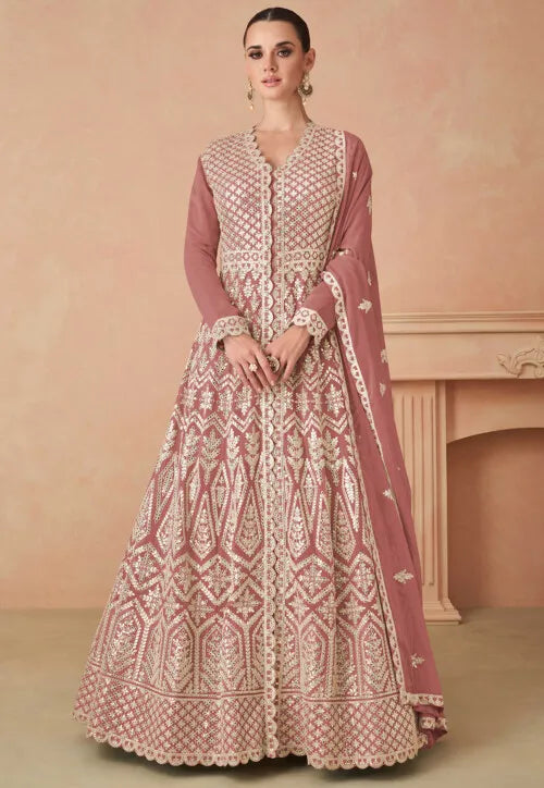 Elegant Rose Gold Georgette Embroidered Long Shirt with Skirt & Dupatta