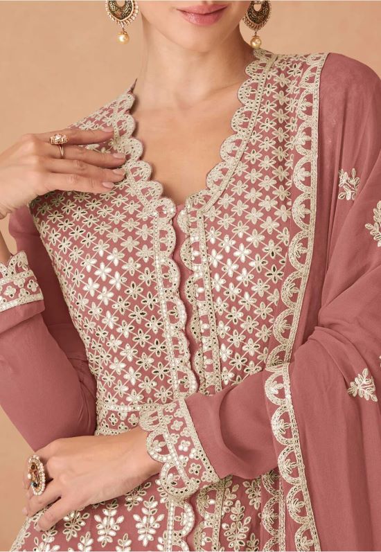 Elegant Lavender Georgette Embroidered Long Shirt with Skirt & Dupatta